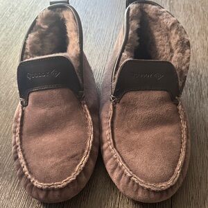 Quoddy gray suede and leather Men's Quad Cup sole slippers